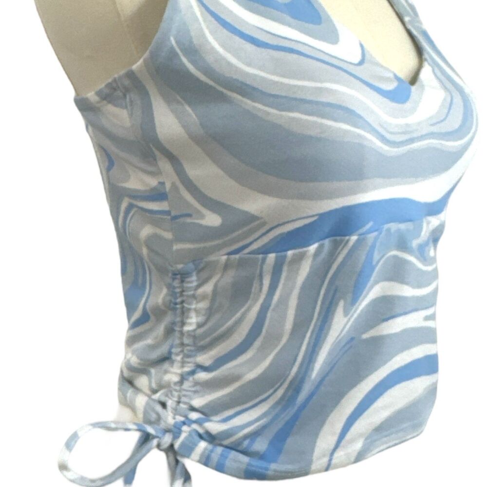 HOLLISTER Retro 60s Halter Top Shirred Sides Blue/White‎ Swirls Jr Sz L NWT